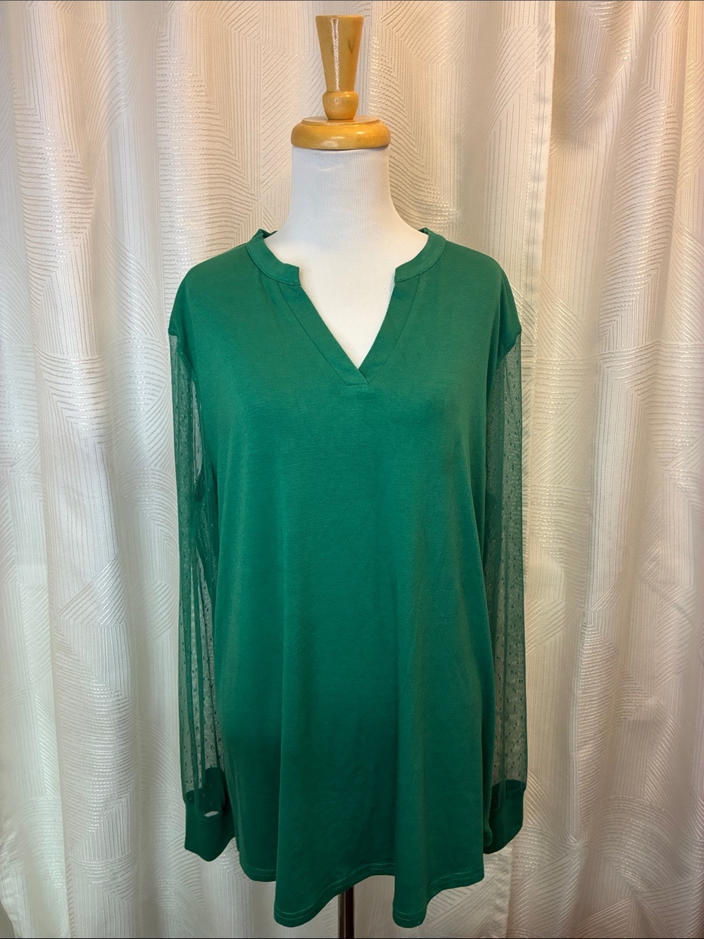 Green V-Neck Tunic with Sheer Polka-Dot Sleeves